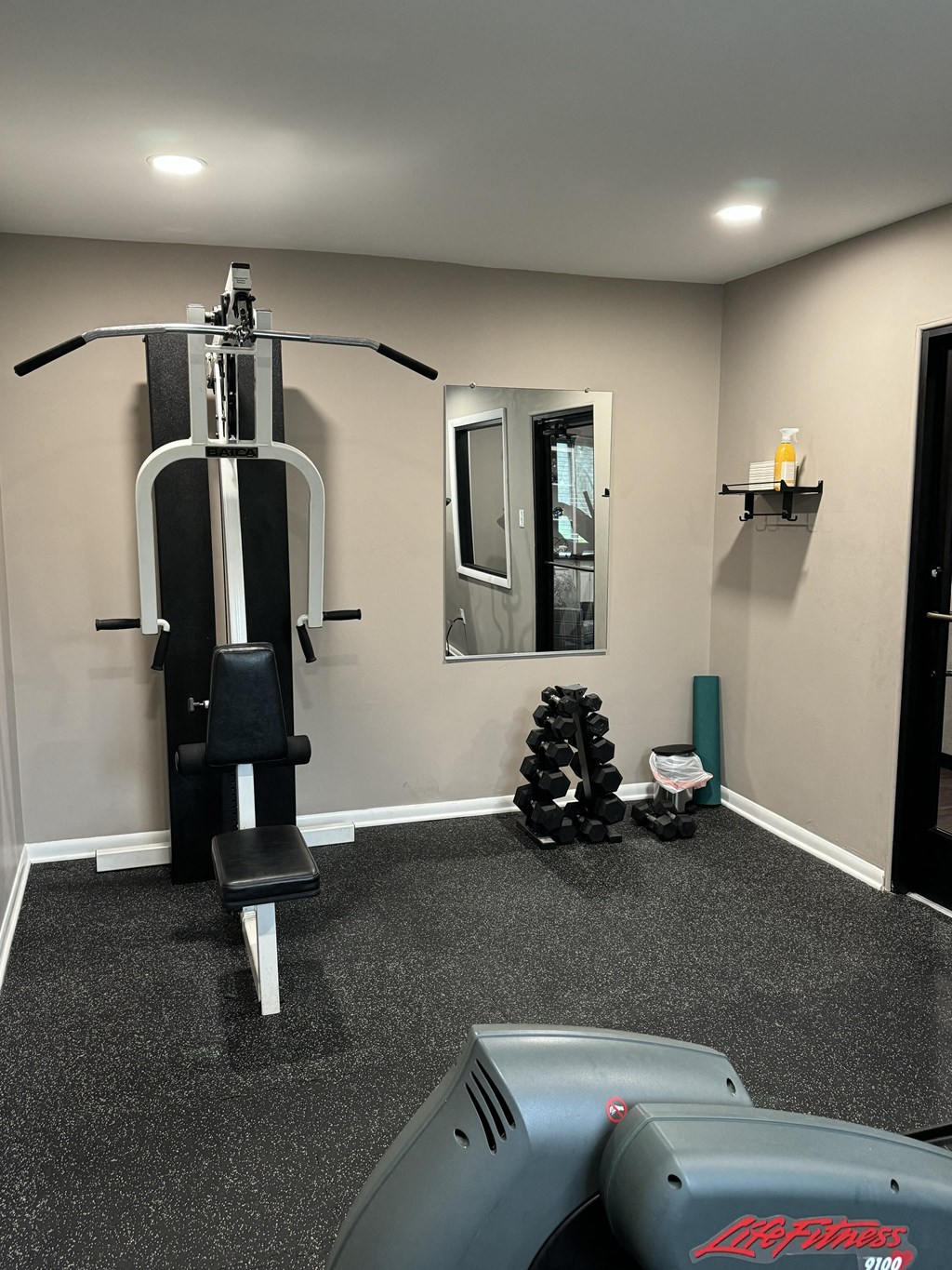 a home gym with weights and cardio equipment