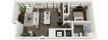 A top-down view of a small apartment with a kitchen, living room, and bathroom.