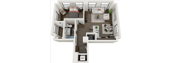 A 3D floor plan of a house with a living room, kitchen, and two bedrooms.