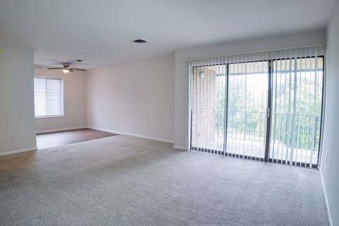 A spacious room with a carpeted floor and sliding glass doors.