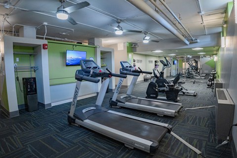 A gym with treadmills, elliptical machines, and other exercise equipment.