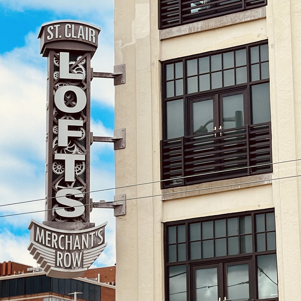 St. Clair Lofts sign on the side of the apartment building