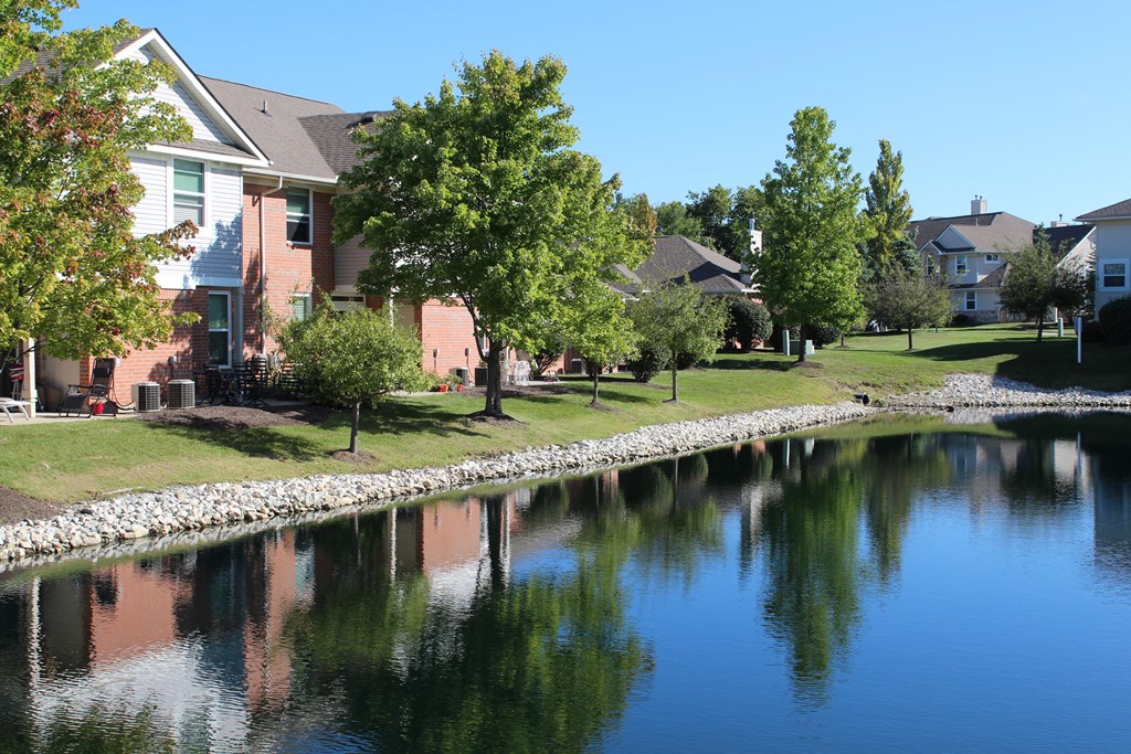 a city with a pond in front of it