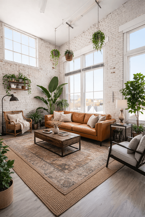 A living room with a brown sofa, a wooden coffee table, and a rug on the floor.