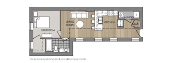 A floor plan of a house with a bedroom, living room, kitchen, and laundry area.