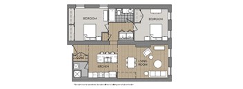 A floor plan of a house with two bedrooms, a living room, a kitchen, and a laundry room.