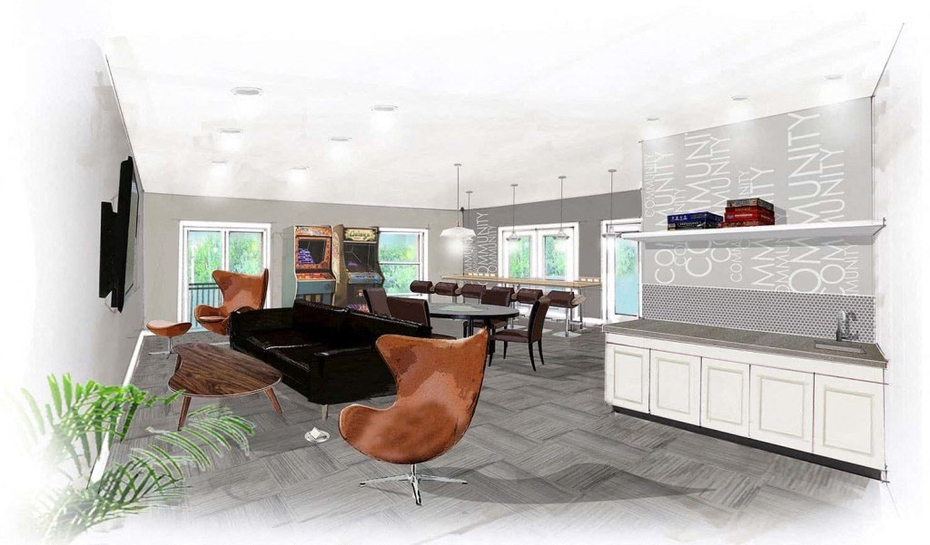 a living room and dining room with a table and chairs