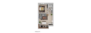 A top-down view of a living room, kitchen, and dining area in a Penthouse 701 apartment.
