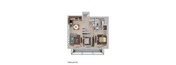 A 3D floor plan of a penthouse apartment with a living room, kitchen, dining room, and bedrooms.