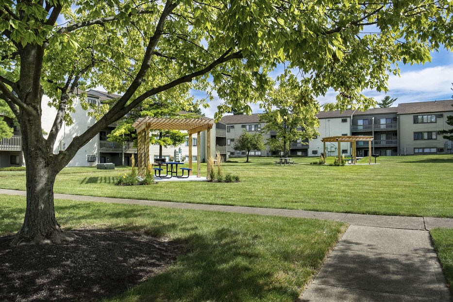 a park with benches and a tree in front of an apartment building