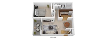 a stylized floor plan with a bedroom and a living room