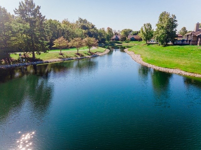 a body of water next to a green field and trees
