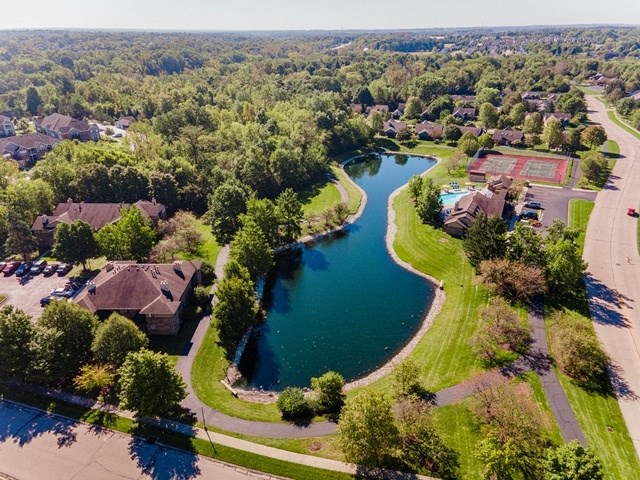 an aerial view of a neighborhood with a lake and houses