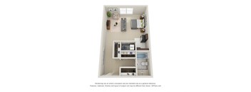 A 3D floor plan of a small apartment with a kitchen, living room, and bathroom.