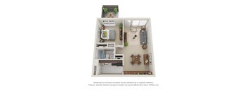 A 3D floor plan of a small apartment with a kitchen, living room, and bedroom.