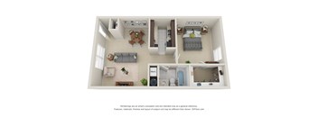 A 3D floor plan of a small apartment with a kitchen, living room, and bathroom.