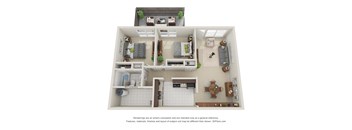 A 3D floor plan of a house with a kitchen, living room, and bathroom.