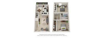 Two floor plan images of a house with a kitchen, living room, bedrooms and bathrooms.