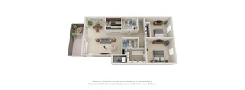 A 3D floor plan of a small apartment with a kitchen, living room, and bedrooms.