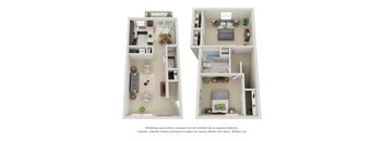 Two floor plans of a house with a kitchen, living room, bedrooms and bathrooms.