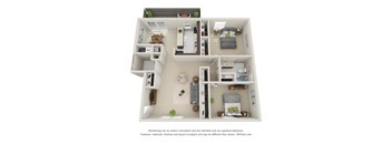 A 3D floor plan of a house with a kitchen, living room, and bedrooms.