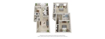 A 3D floor plan of a two-bedroom apartment with a living room, kitchen, and bathroom.