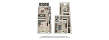 Two images of a small apartment with a kitchen, living room, and bedroom.