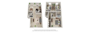 Two floor plans of a house with a kitchen, living room, and bedrooms.