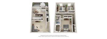 Two images of a small apartment layout with a kitchen, living room, and bedroom.