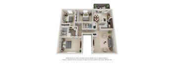 A 3D floor plan of a house with a kitchen, living room, and bedrooms.