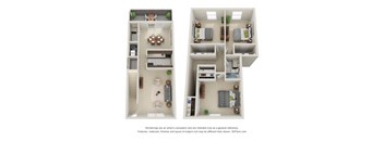 Two images of a floor plan of a house with a kitchen, living room, and bedrooms.