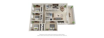 A 3D floor plan of a house with multiple rooms and furniture.