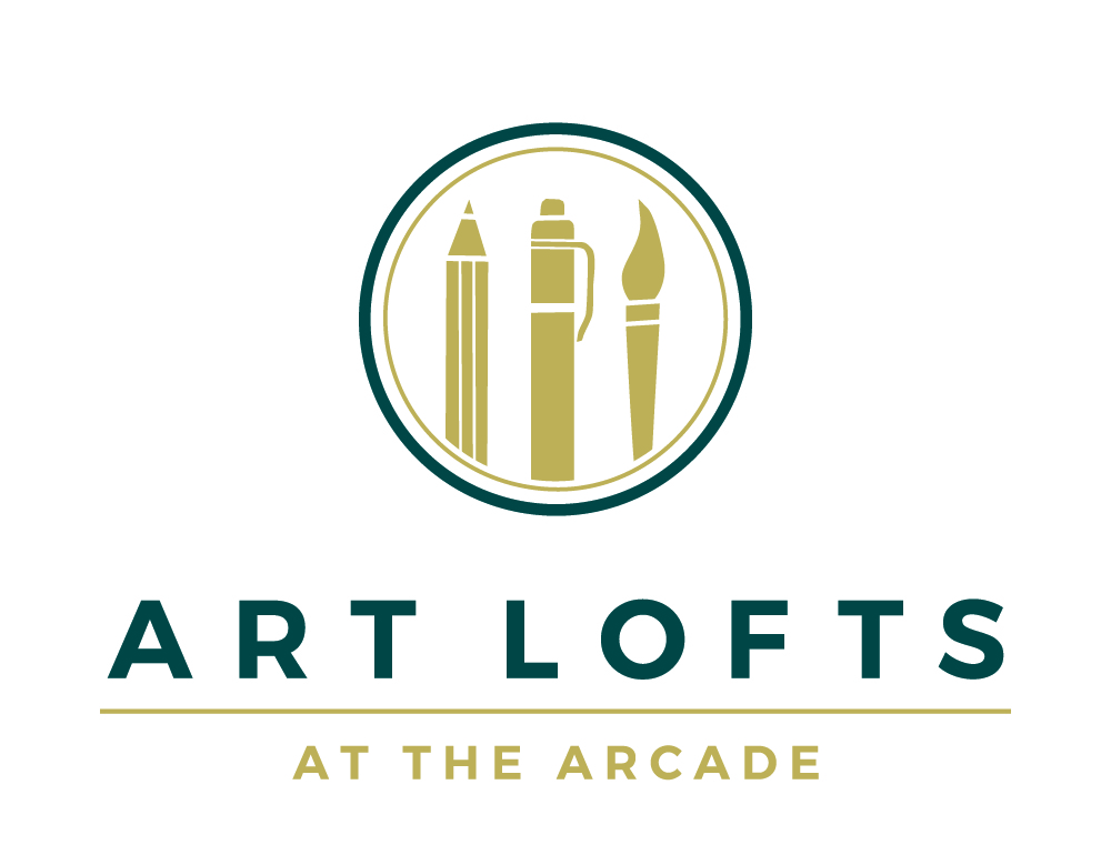 A logo for Art Lofts at the Arcade featuring pencils and paintbrushes.
