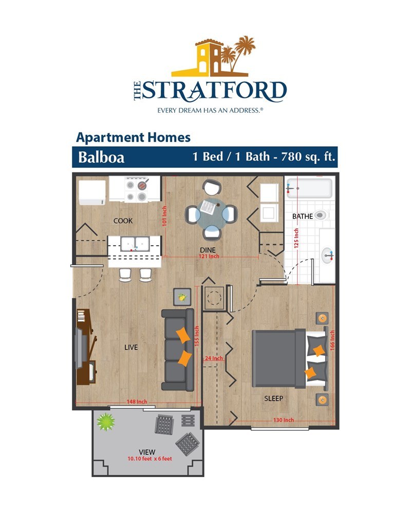 A floor plan of a one bedroom apartment with a balcony.
