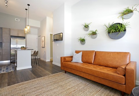 A living room with a brown couch and a white wall.