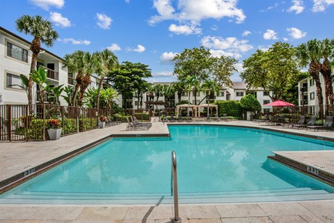 A swimming pool surrounded by palm trees and lounge chairs.