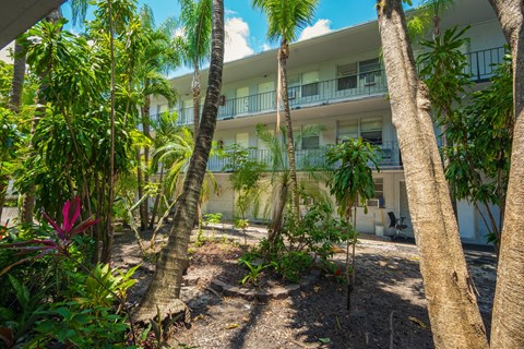 A building with a balcony is surrounded by trees and plants.