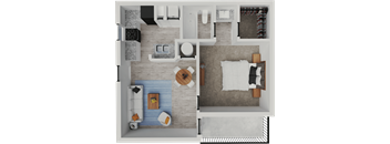A top-down view of a modern bedroom with a bed, nightstand, and a small table with a plant on it.
