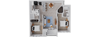 A top-down view of a small apartment with a living room, kitchen, and bedroom.