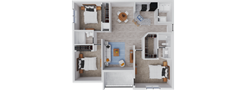 A top-down view of a small apartment with a bedroom, living room, kitchen, and bathroom.