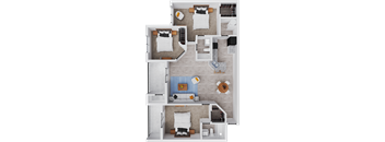 A top-down view of a small apartment with a bedroom, living room, and kitchen.