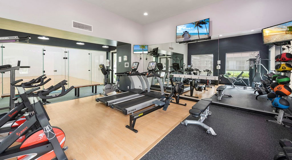 A gym with treadmills, exercise bikes, and other equipment.