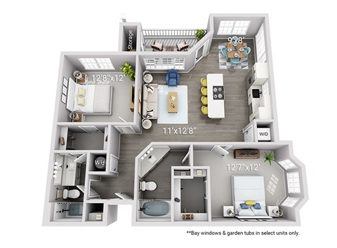 A floor plan of a house with dimensions and notes on bay windows and garden tubs.