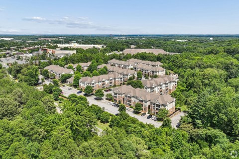 A bird's eye view of a residential area with houses surrounded by trees.