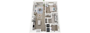 A floor plan of a small apartment with a living room, kitchen, and bathroom.