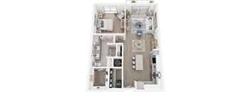 A floor plan of a two-bedroom apartment with a living room, kitchen, and bathroom.