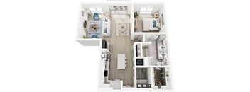 A top-down view of a small apartment layout with a living room, kitchen, and bedroom.