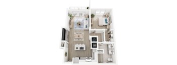 A modern, white-walled apartment with a kitchen, living room, and bathroom.