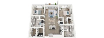 A top-down view of a two-bedroom apartment with dimensions provided for each room.