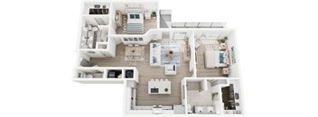 A floor plan of a two-bedroom apartment with a living room, kitchen, and bathroom.